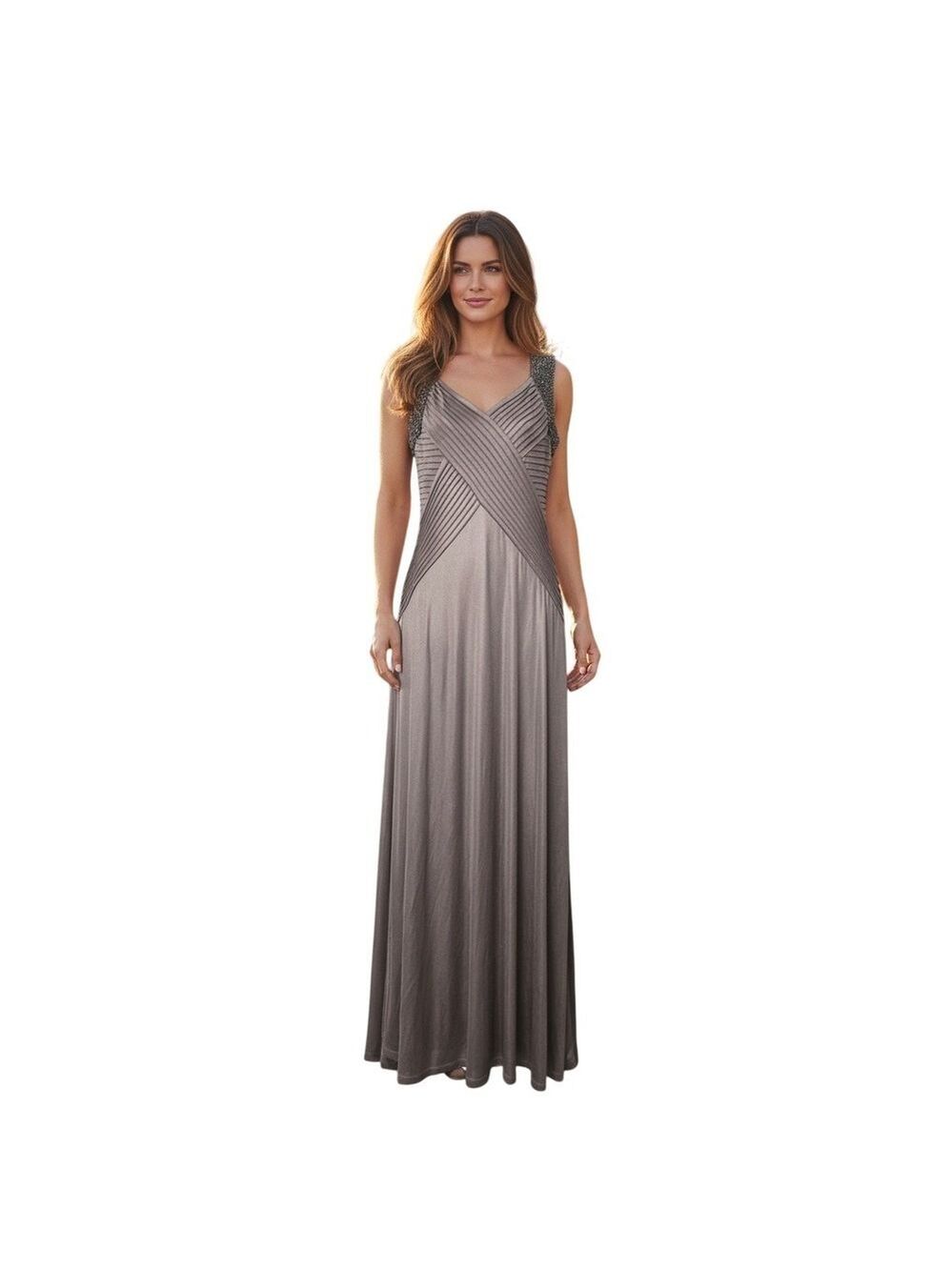 Calvin Klein Beaded Pintuck Formal Column Maxi Dress In Taupe Sz 2